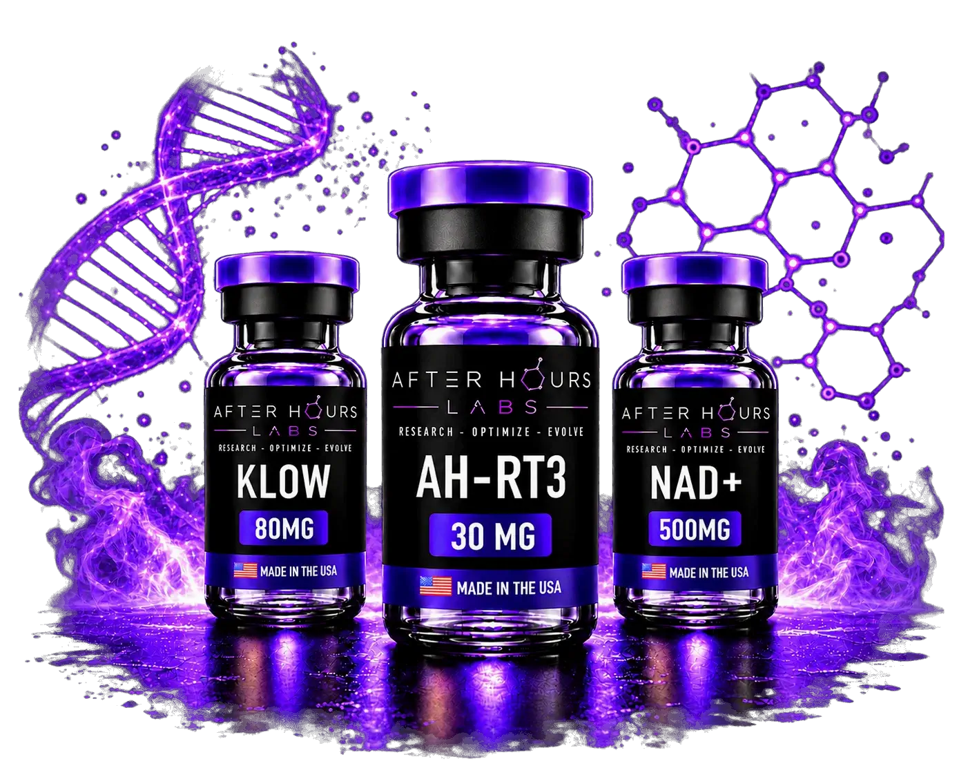 After Hours Labs research peptide vials: KLOW 80mg, AH-RT3 30mg and NAD+ 500mg