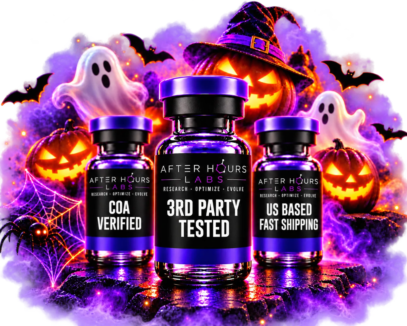 After Hours Labs research peptide vials labeled COA Verified, 3rd Party Tested and US Based Fast Shipping with a Halloween backdrop